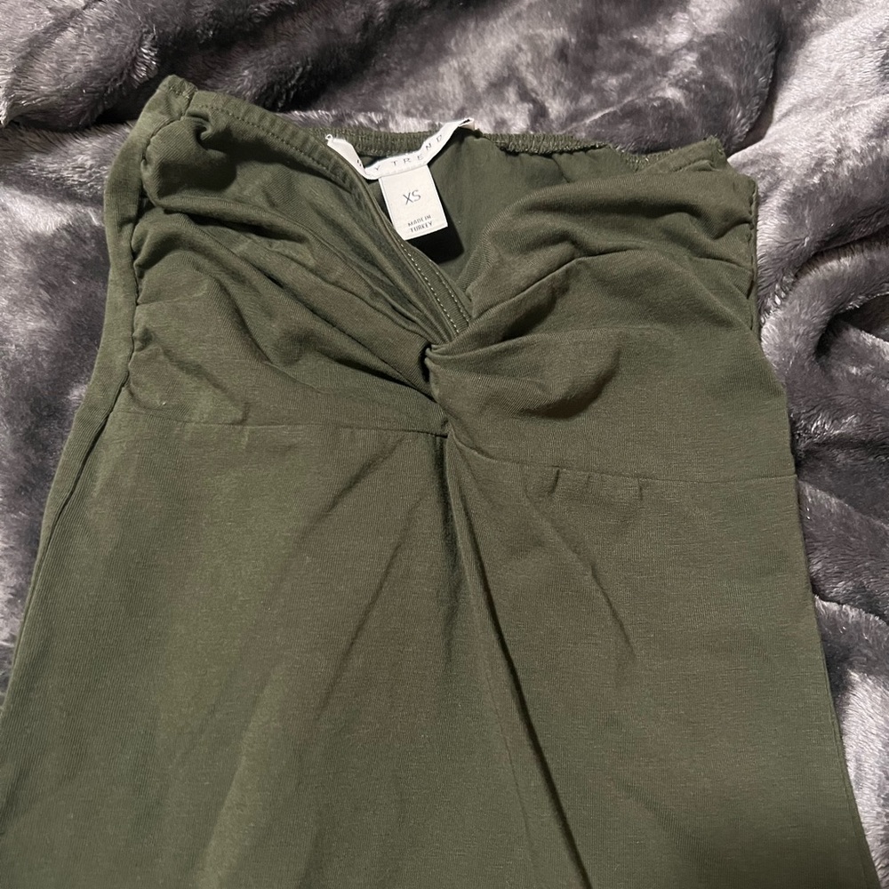 strapless olive green mini dress
